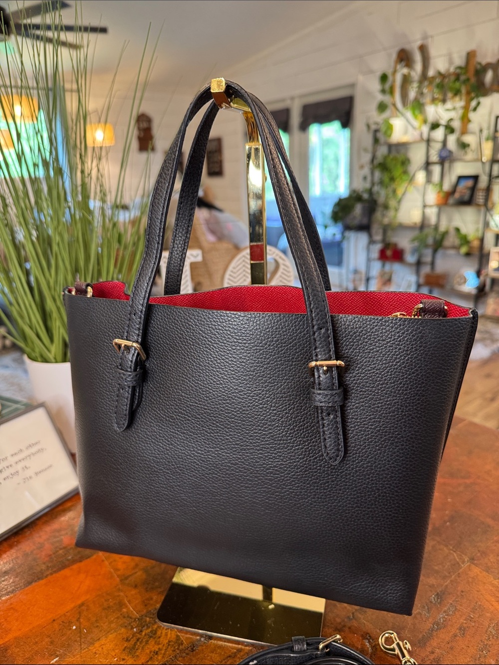 Coach Mollie Black Pebbled Leather Tote with Red Flower Charm - Picture 8 of 16